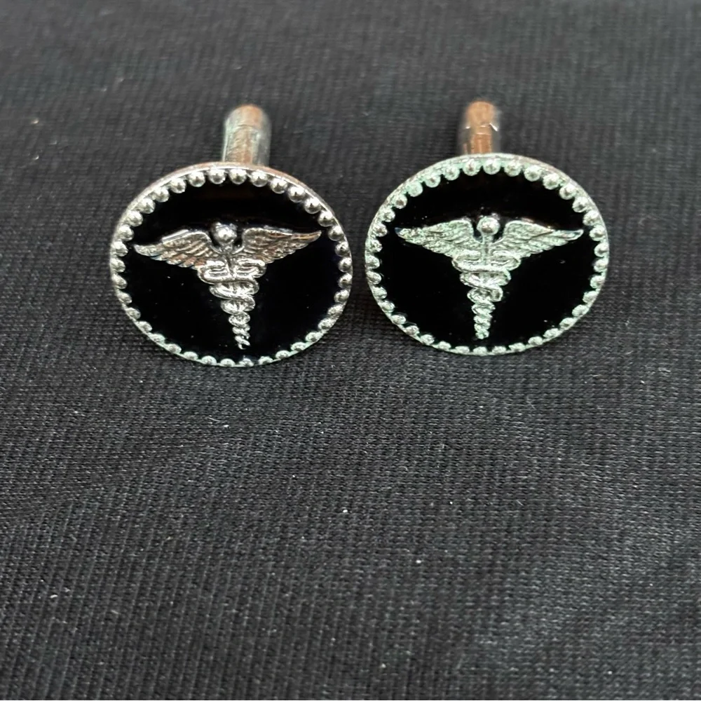 Caduceus Cufflinks Creed Sterling Silver Black background Pair